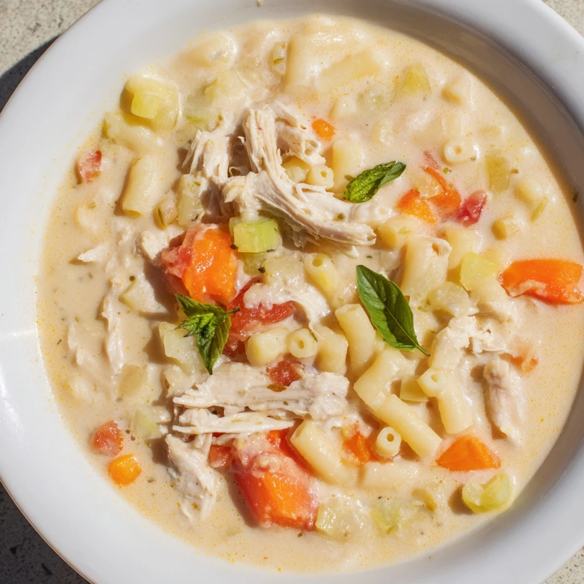 Spoonful of creamy chicken parmesan soup with pasta and fresh basil garnish in a rustic bowl.