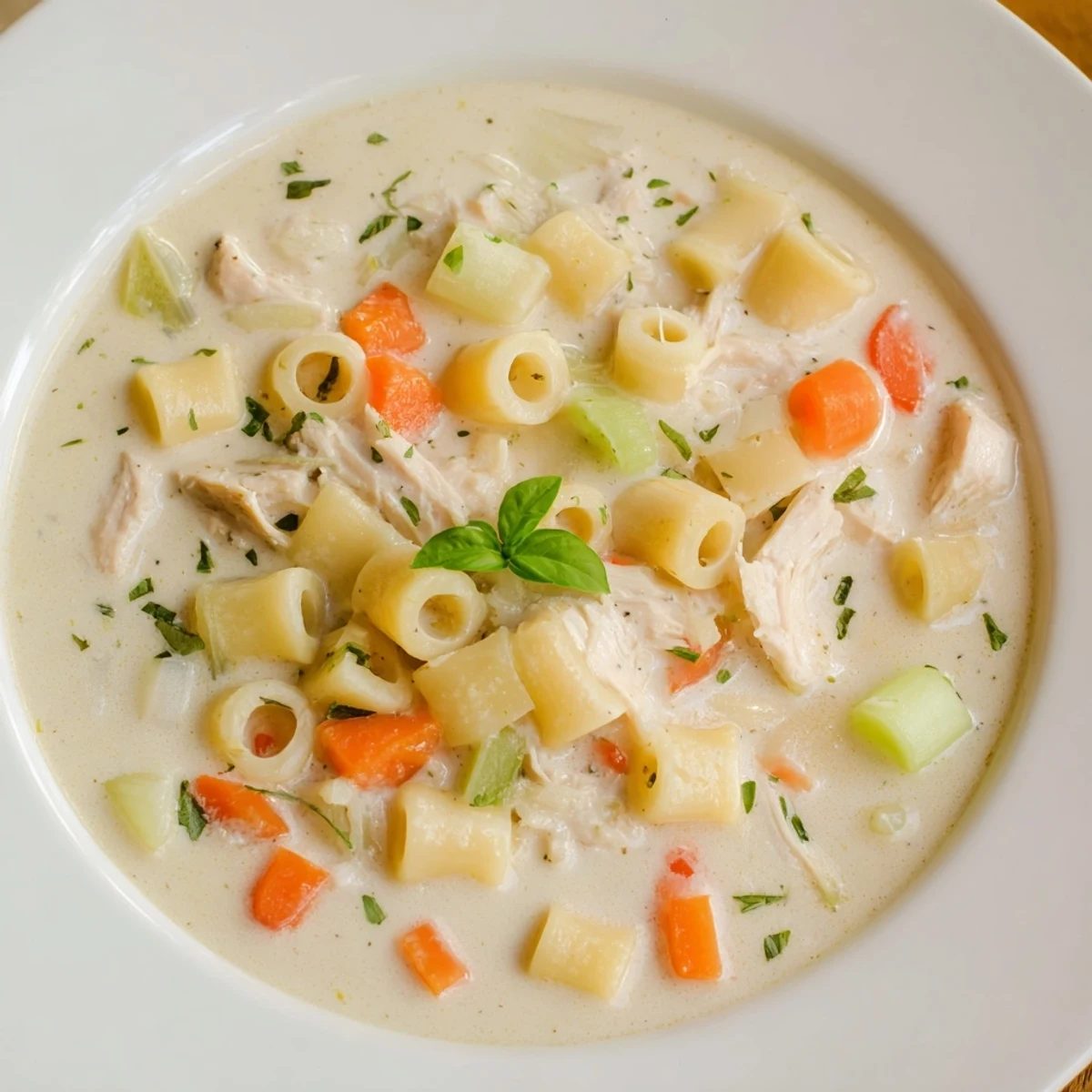 Hearty creamy chicken parmesan soup served with crusty bread for dipping, a cozy Italian-American dinner.