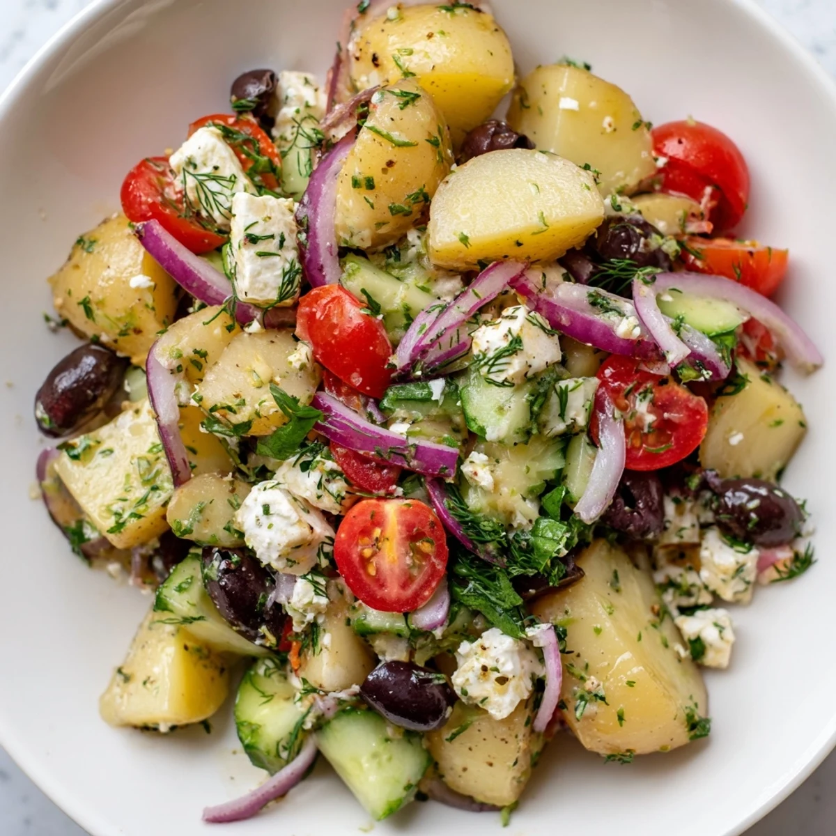 Bright red onion slices and halved cherry tomatoes add color to the chilled Olive Greek Potato Salad, served alongside grilled chicken on a sunny picnic table for a Mediterranean side dish.