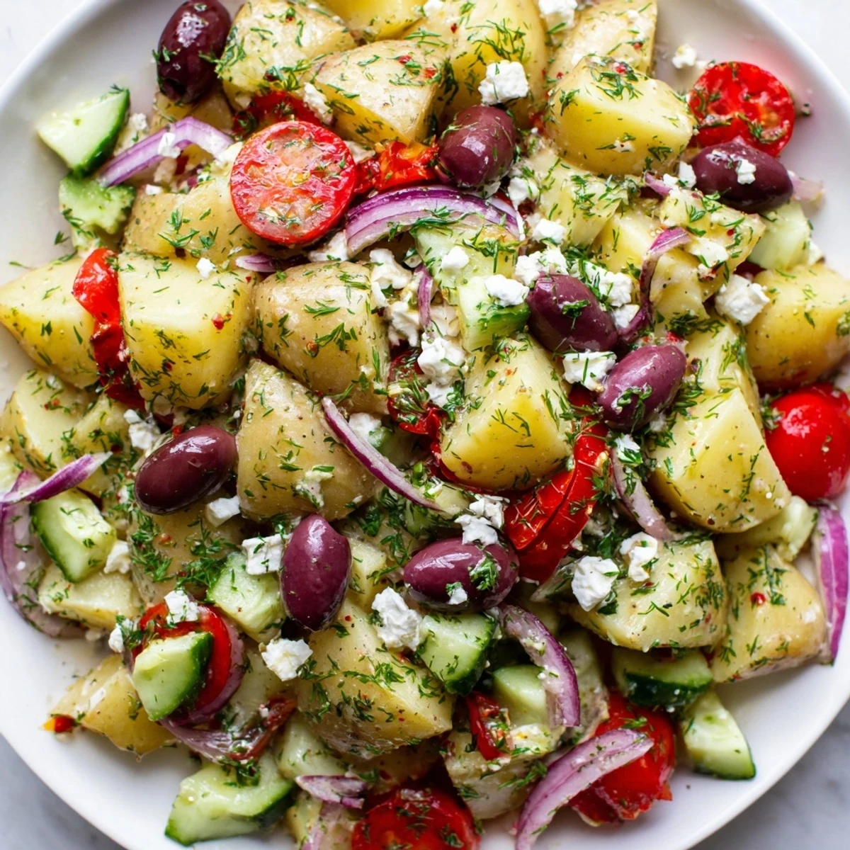 Chunky Yukon Gold potatoes, briny Kalamata olives, and crisp cucumber tossed in a tangy Greek dressing create this refreshing Olive Greek Potato Salad, garnished with crumbled feta and fresh herbs.
