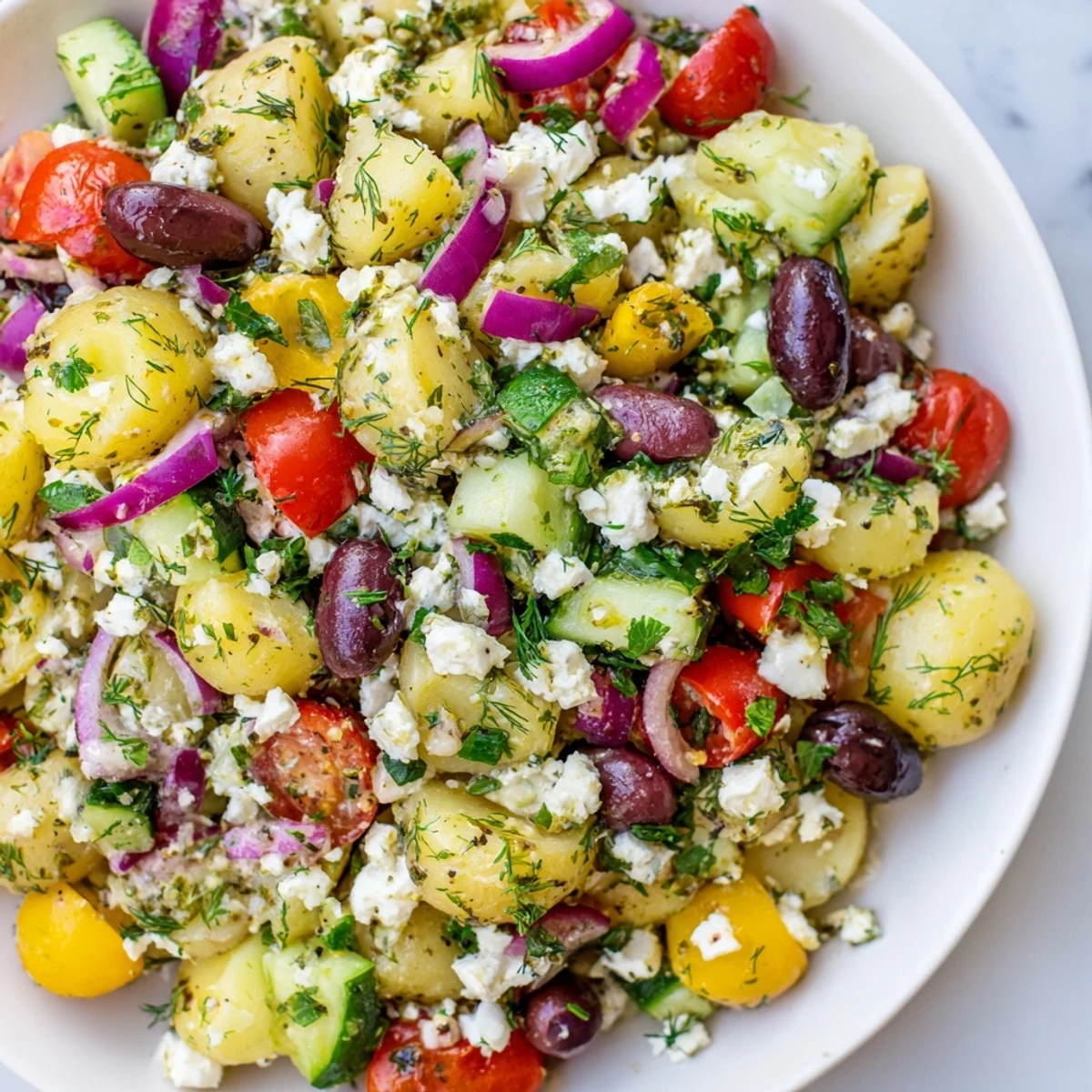 Juicy diced cucumber and red bell pepper mingle with tender potatoes and olives in this Olive Greek Potato Salad, finished with a drizzle of extra virgin olive oil and fresh dill.