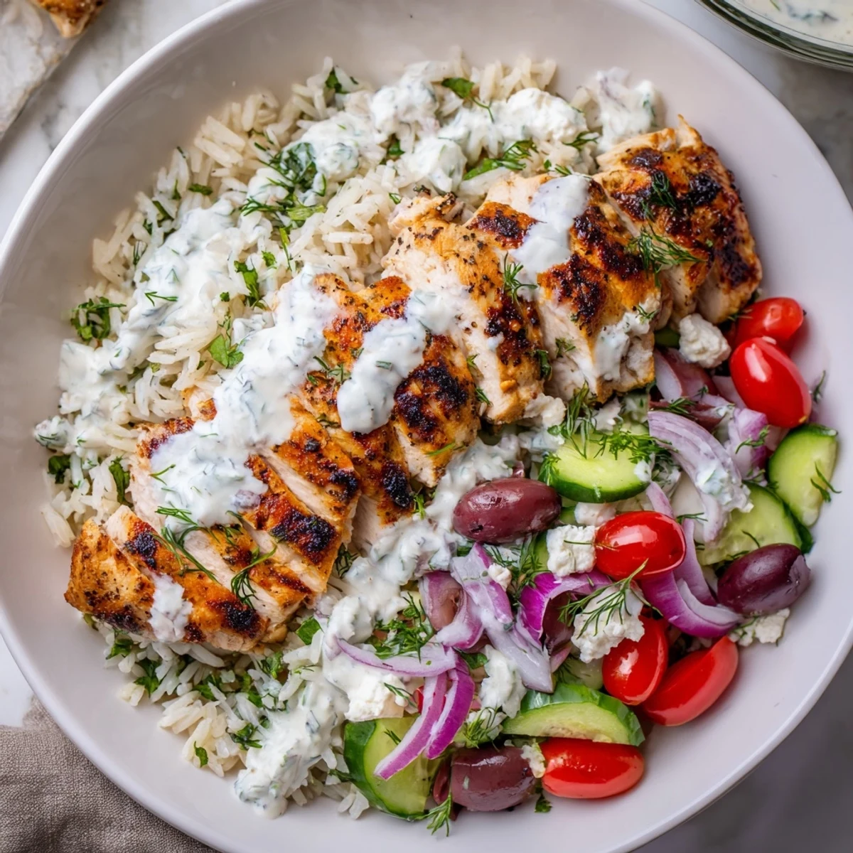 Close-up of vibrant Greek Chicken Bowls with marinated grilled chicken slices, herbed rice, cherry tomatoes, cucumber, red onion, olives, feta, and creamy tzatziki sauce.