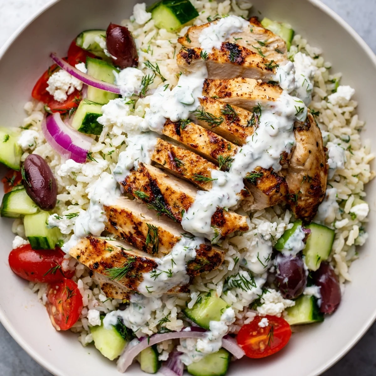 Overhead view of Greek Chicken Bowls served in a rustic ceramic bowl, featuring juicy grilled chicken, fresh vegetables, and tangy tzatziki for a healthy Mediterranean meal.