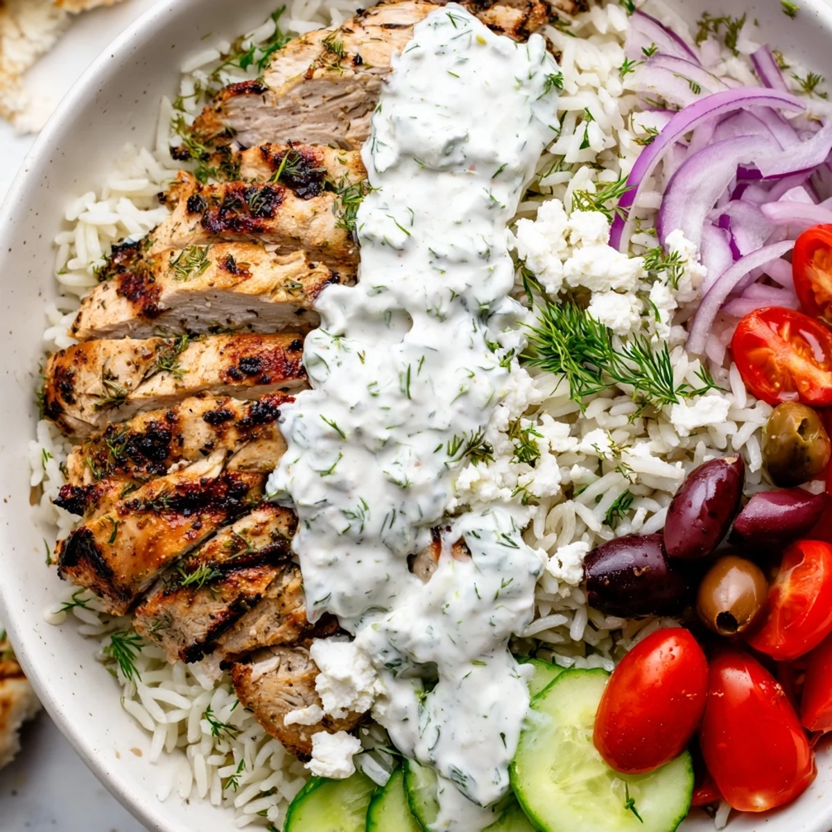 Greek Chicken Bowls plated with fluffy herbed rice, colorful vegetables, crumbled feta, and a generous drizzle of tzatziki sauce, perfect for a quick, gluten-free dinner.