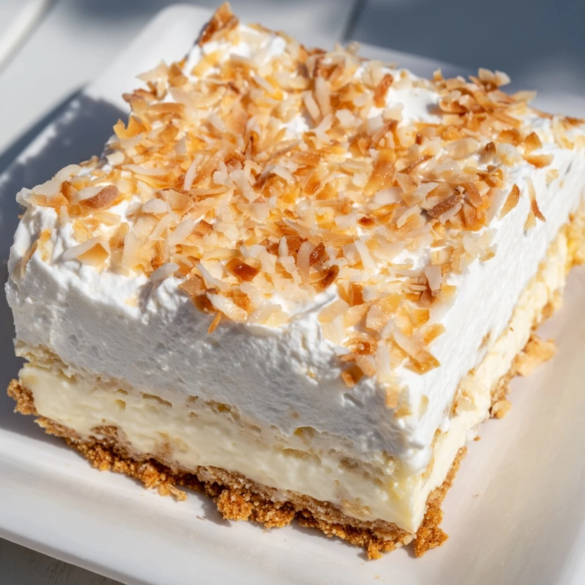 Golden toasted coconut flakes garnish creamy Coconut Cream Dream Bars, revealing a layered slice with a crisp graham cracker crust.