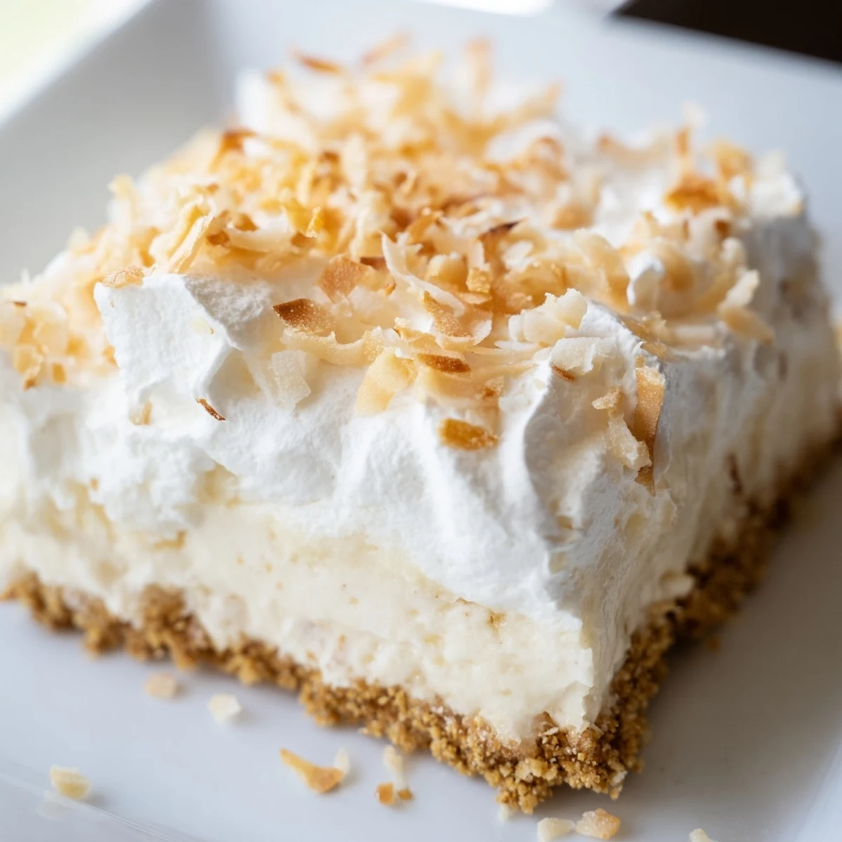 Sliced Coconut Cream Dream Bars display a velvety whipped topping, toasted coconut flakes, and a sturdy crust on a marble surface.