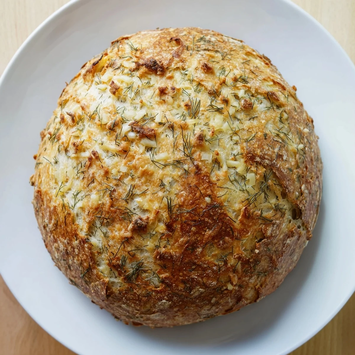 A rustic No-Knead Dill Gouda Artisan Bread loaf with a golden, crusty exterior and soft, cheesy interior, sliced and served on a wooden board.