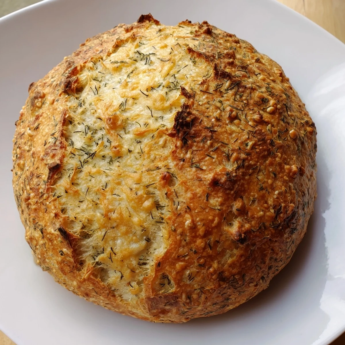 A warm slice of No-Knead Dill Gouda Artisan Bread on a plate, ready to be buttered, perfect alongside a bowl of steaming tomato soup.