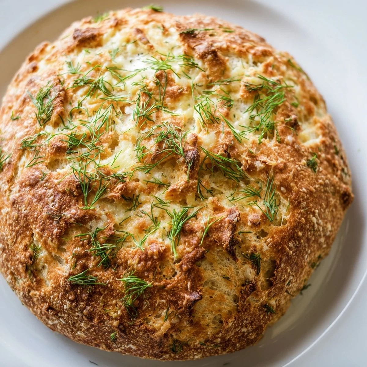 Fresh No-Knead Dill Gouda Artisan Bread cooling on a wire rack, releasing the aromatic scent of dill and melted Gouda in a warm kitchen.