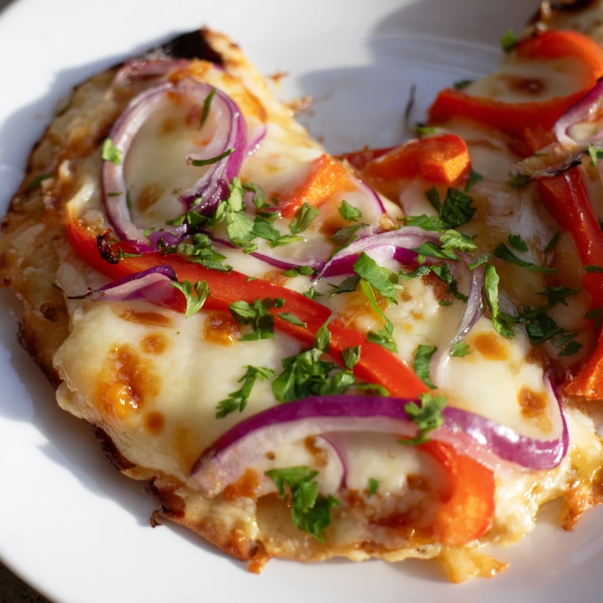 A close-up of Sweet Heat Honey Garlic Flatbread Pizza with melty mozzarella, red onion, and chili flakes on a golden crust.