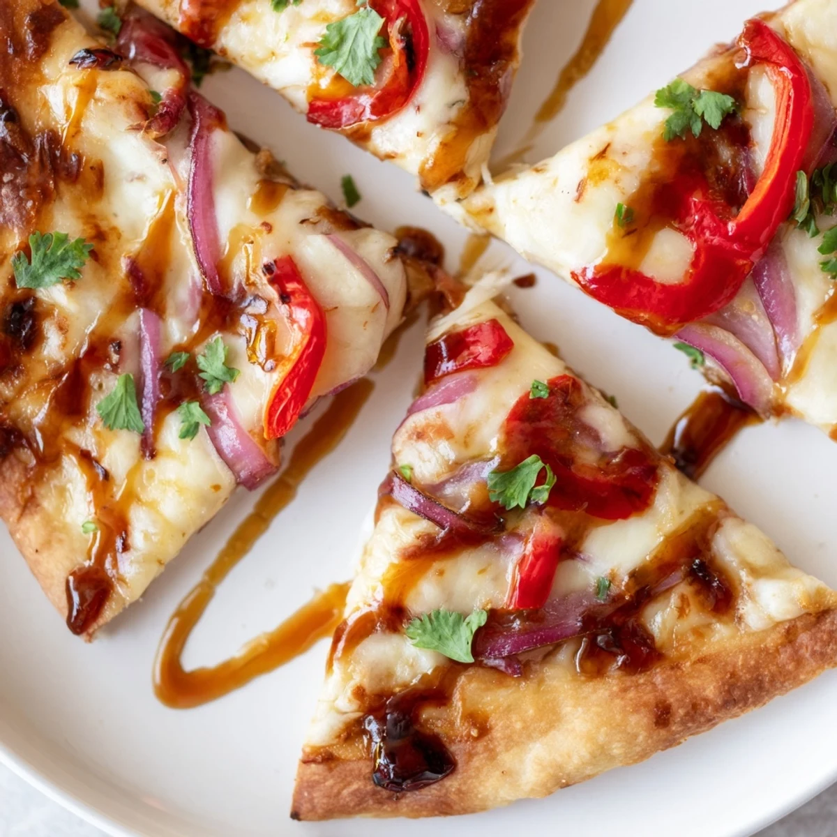 Slice of Sweet Heat Honey Garlic Flatbread Pizza being lifted, revealing gooey cheese and a drizzle of honey garlic sauce.