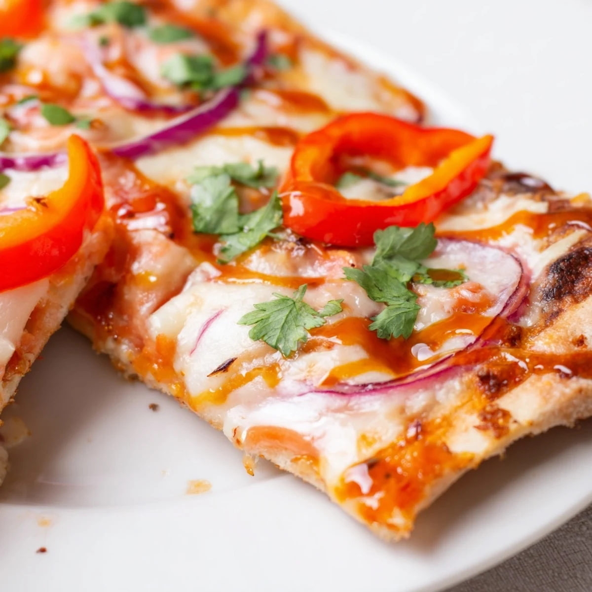 Overhead view of Sweet Heat Honey Garlic Flatbread Pizza topped with fresh cilantro, jalapeños, and red bell peppers on a baking sheet.