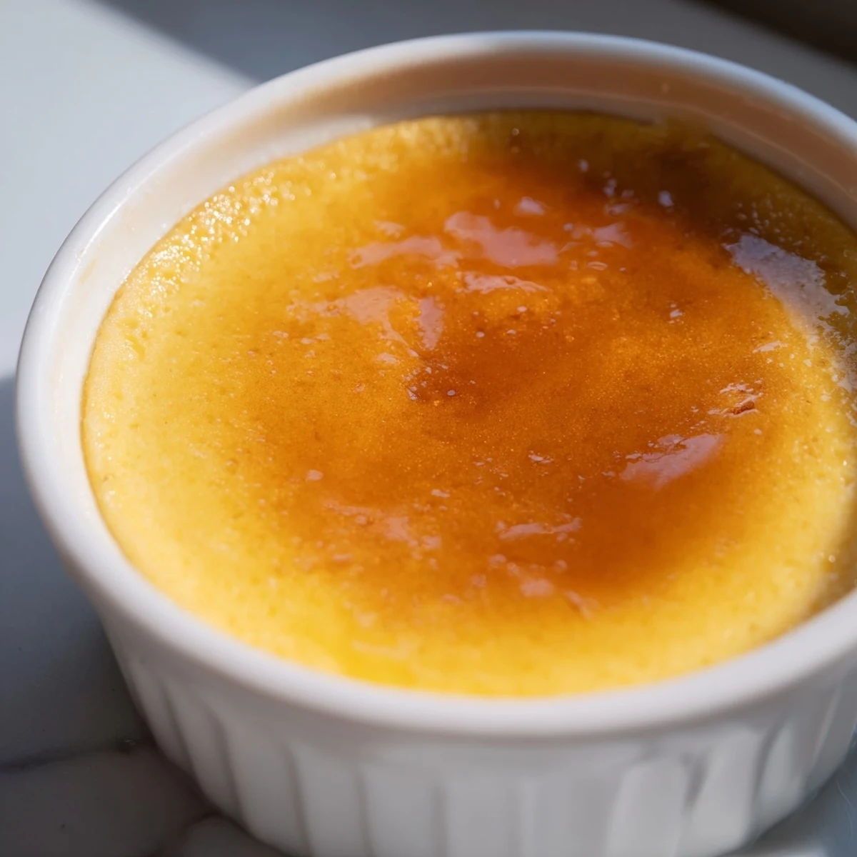 Creamy Classic Baked Milk Pudding with a golden caramelized top, served warm in a ramekin.