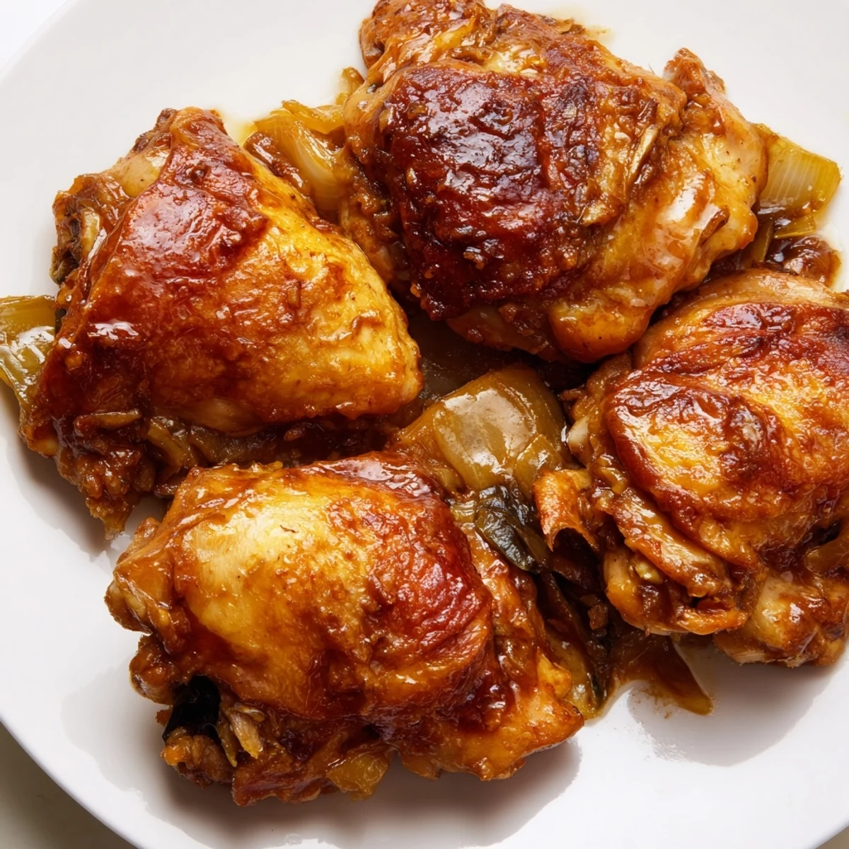 Golden-brown Braised Catalina Chicken thighs in a tangy-sweet sauce with onions and peppers in a skillet.