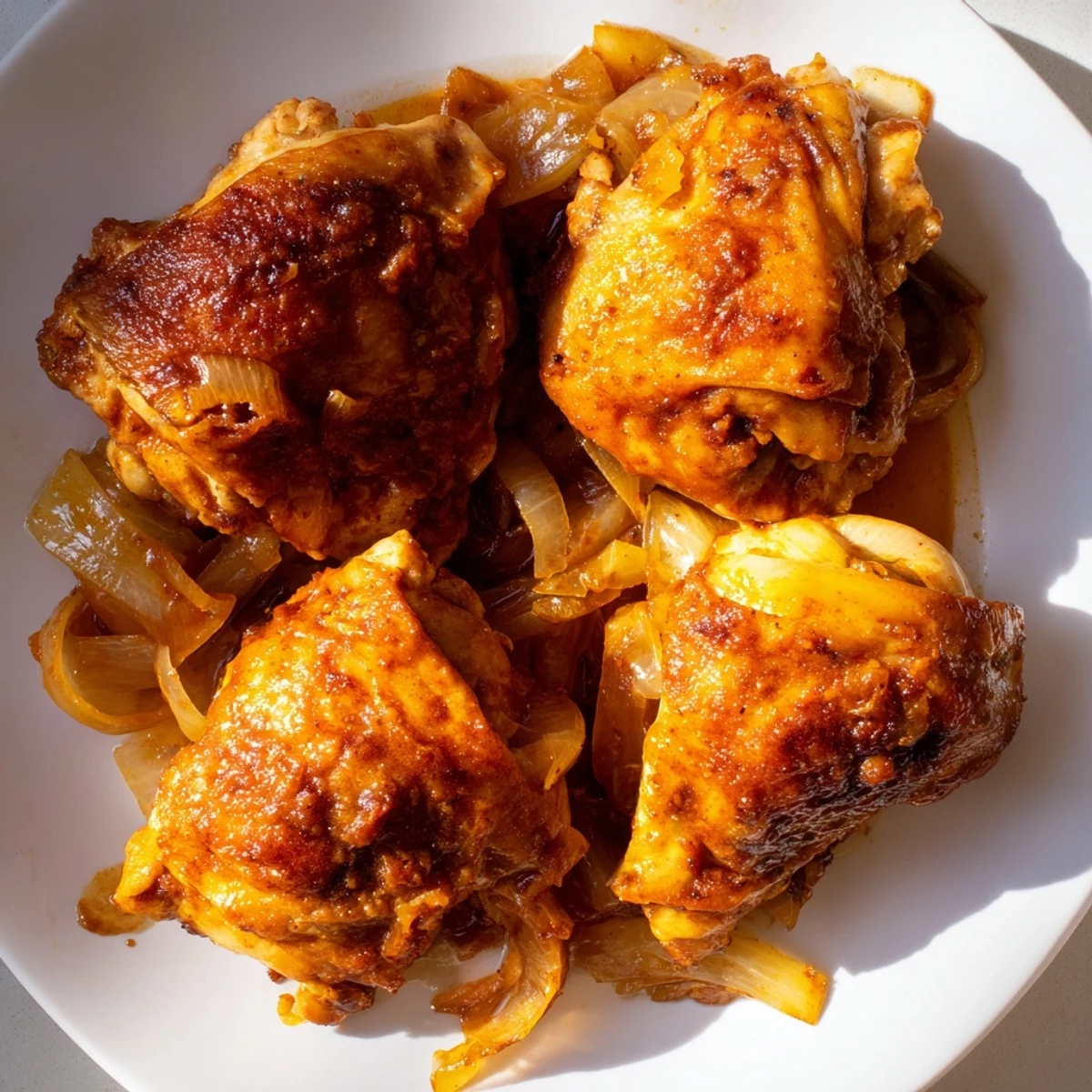 Savory Braised Catalina Chicken dish with colorful bell peppers and onions, ready to be served over creamy rice.