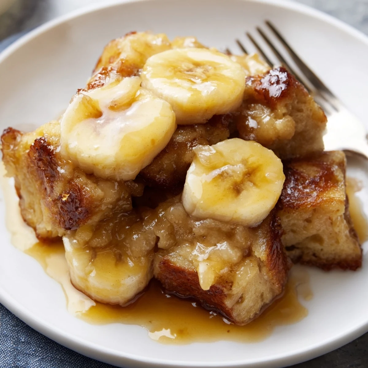 Freshly baked Creamy Bananas Foster Bread Pudding with caramelized bananas and rum sauce in a dish.