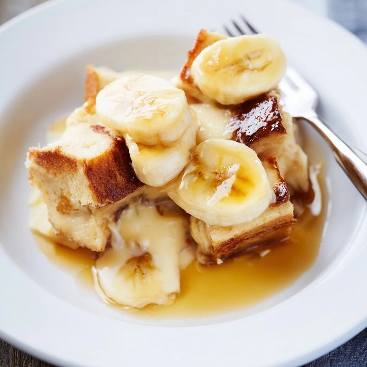 Warm slices of Creamy Bananas Foster Bread Pudding served with vanilla ice cream and a drizzle of sauce.