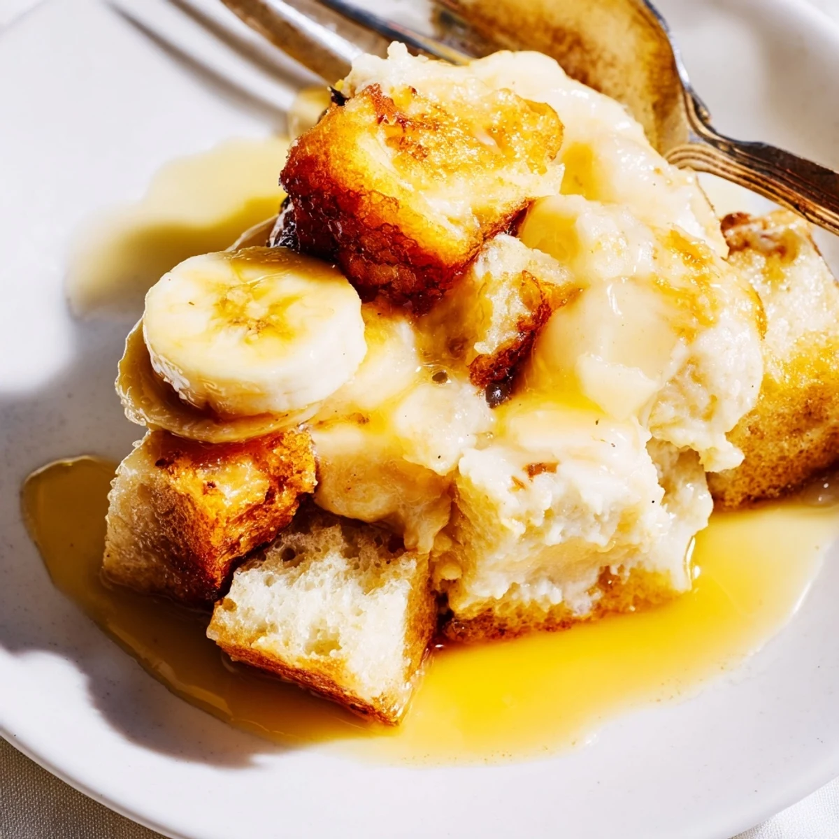 Golden brown Creamy Bananas Foster Bread Pudding topped with luscious rum butter sauce and sliced bananas.