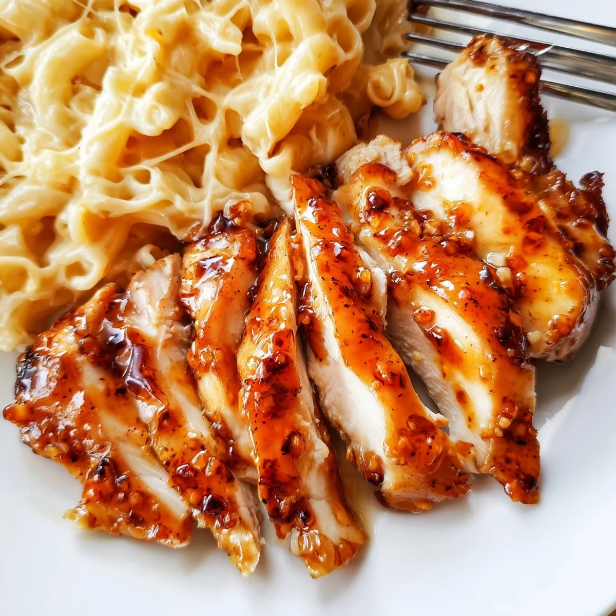 Sweet and Spicy Honey Pepper Chicken with Creamy Mac and Cheese is plated in a rustic skillet, ready to serve.