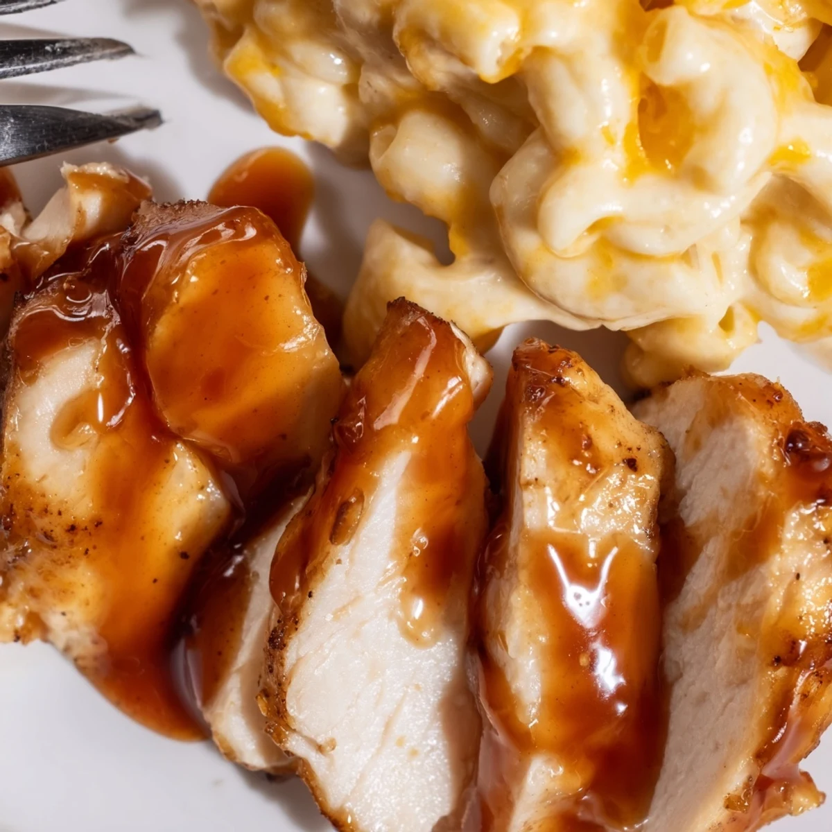A close-up of Sweet and Spicy Honey Pepper Chicken with Creamy Mac and Cheese, glazed in a glossy sauce.