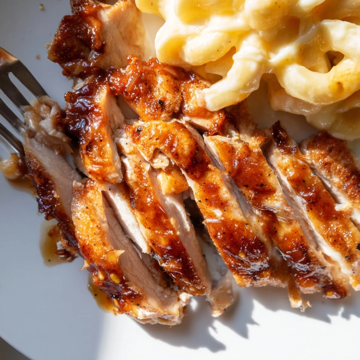 Enjoy Sweet and Spicy Honey Pepper Chicken with Creamy Mac and Cheese, golden chicken and creamy pasta garnished with herbs.