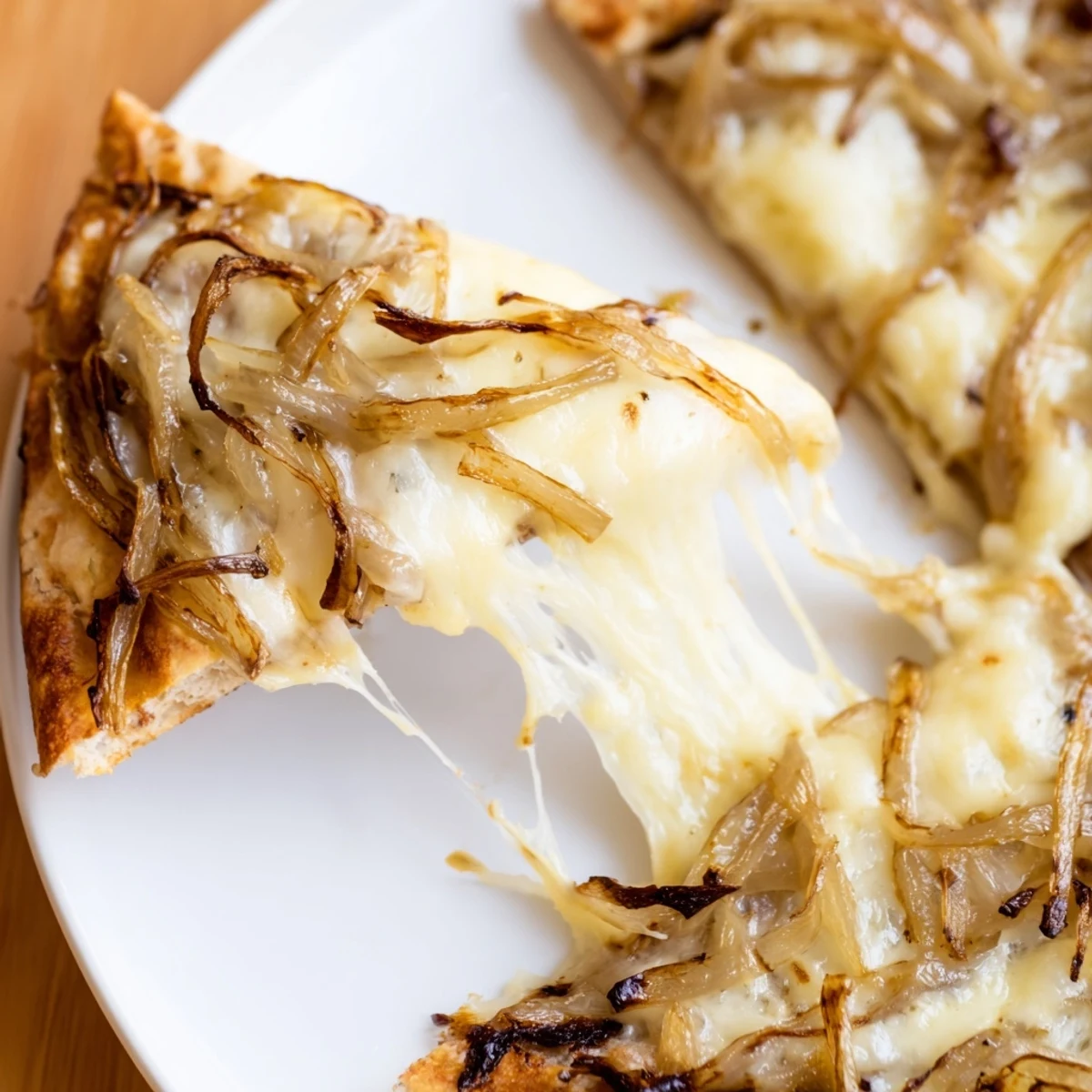 Golden-brown caramelized onion pizza with bubbling mozzarella and thyme on a rustic wooden board.