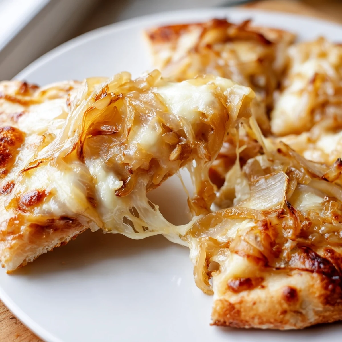 Close-up of a homemade caramelized onion pizza showing gooey melted cheese and fresh thyme.