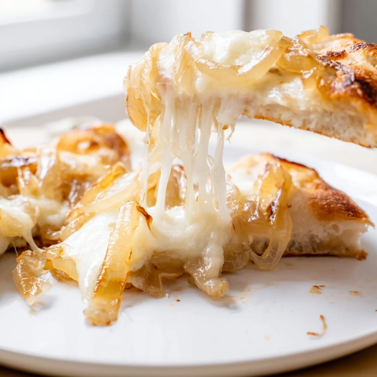 A freshly baked caramelized onion pizza, sliced and ready to serve on a marble countertop.