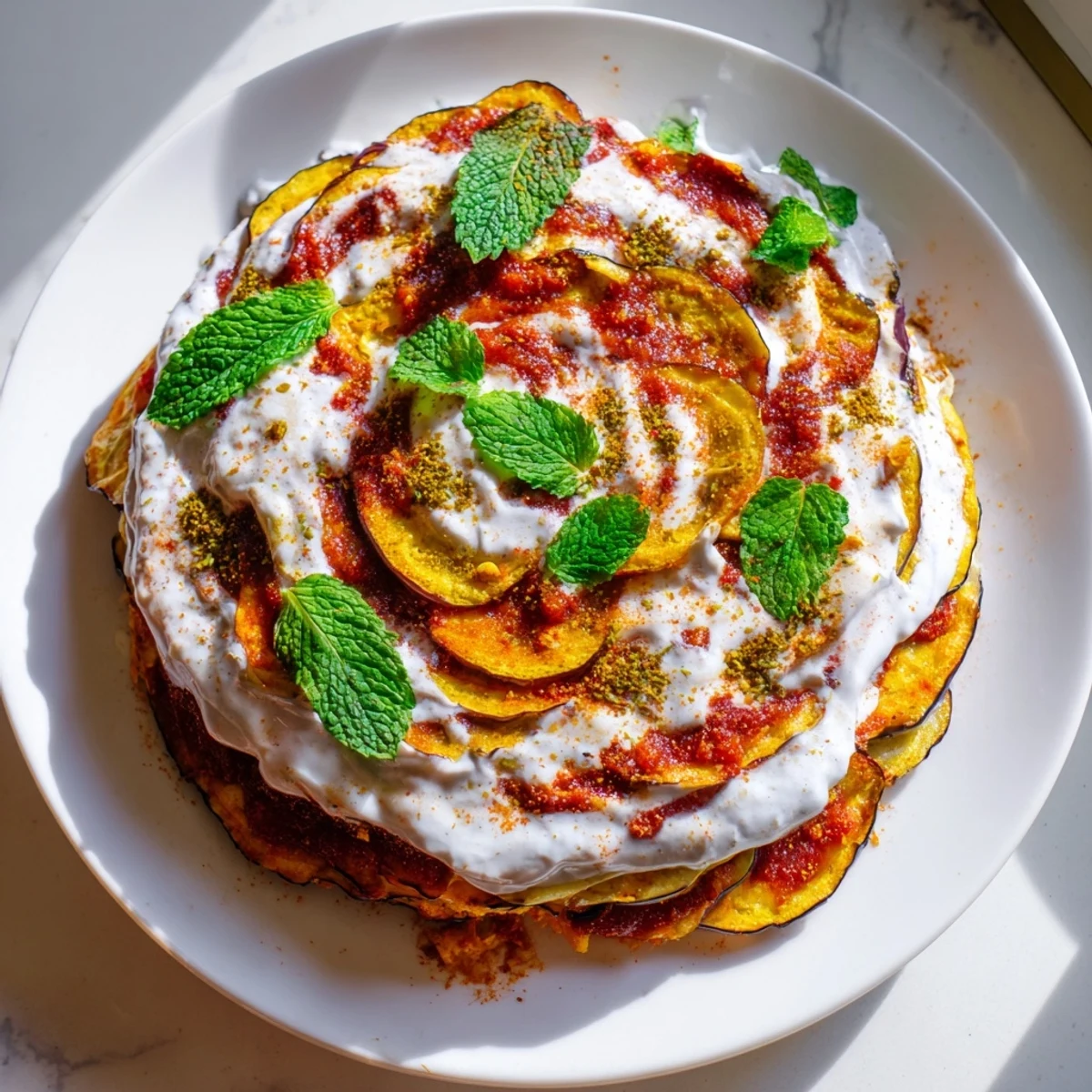 Golden fried eggplant slices layered in a baking dish with spiced tomato sauce, topped with creamy Greek yogurt and fresh cilantro for Borani Banjan.