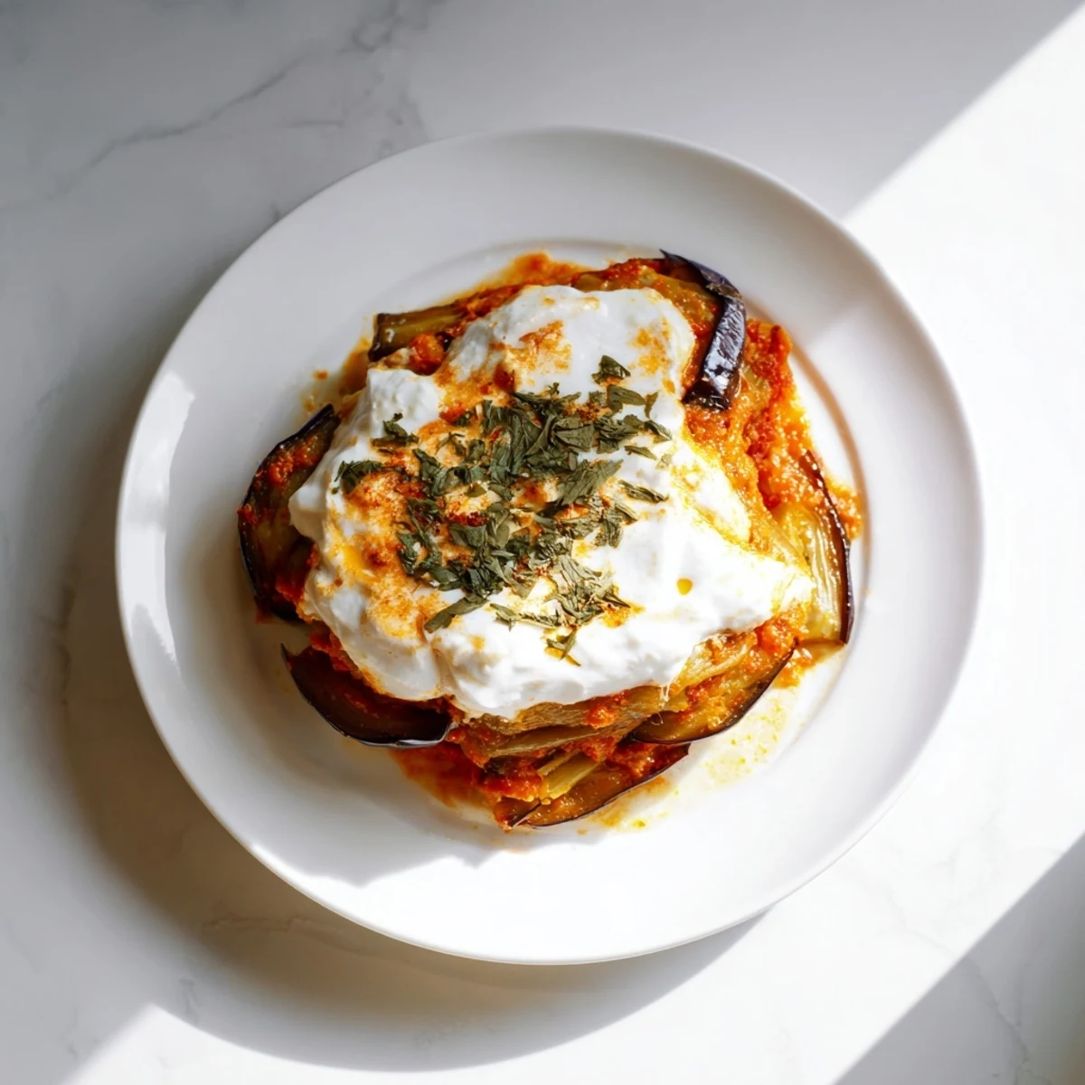 A close-up view of Afghan Borani Banjan, featuring tender eggplant in a rich tomato sauce swirled with cool yogurt and dried mint garnish.