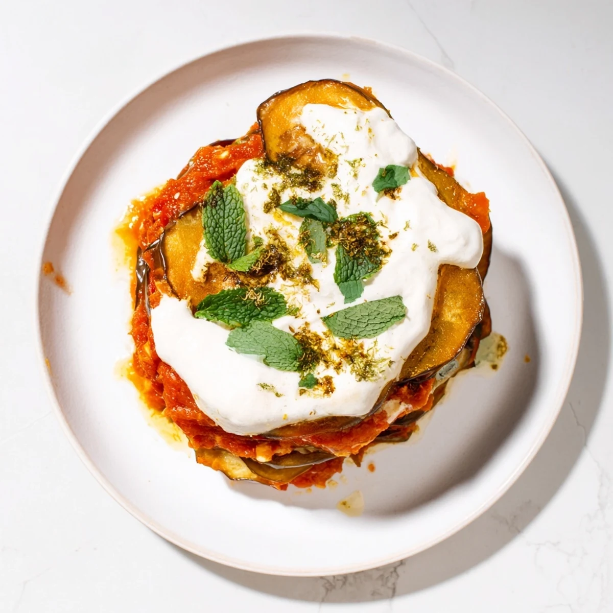 Hearty Borani Banjan served on a white plate with naan bread on the side, showcasing the layered vegetarian main dish.