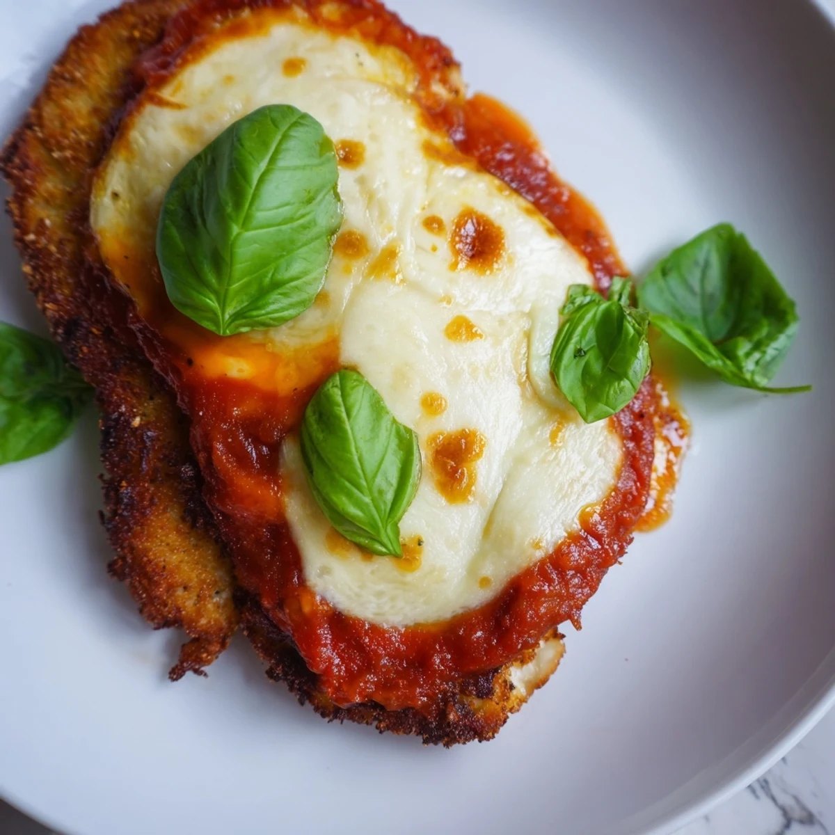 Crispy golden chicken breasts topped with melted mozzarella and fresh basil for a Chicken Parmesan Pizza dinner.