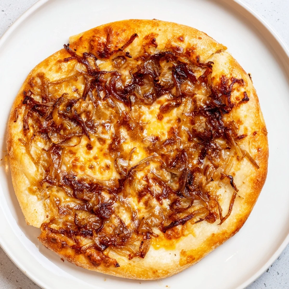 Overhead view of Caramelized Onion Pizza With Melty Cheese showing gooey cheese and caramelized onion topping.