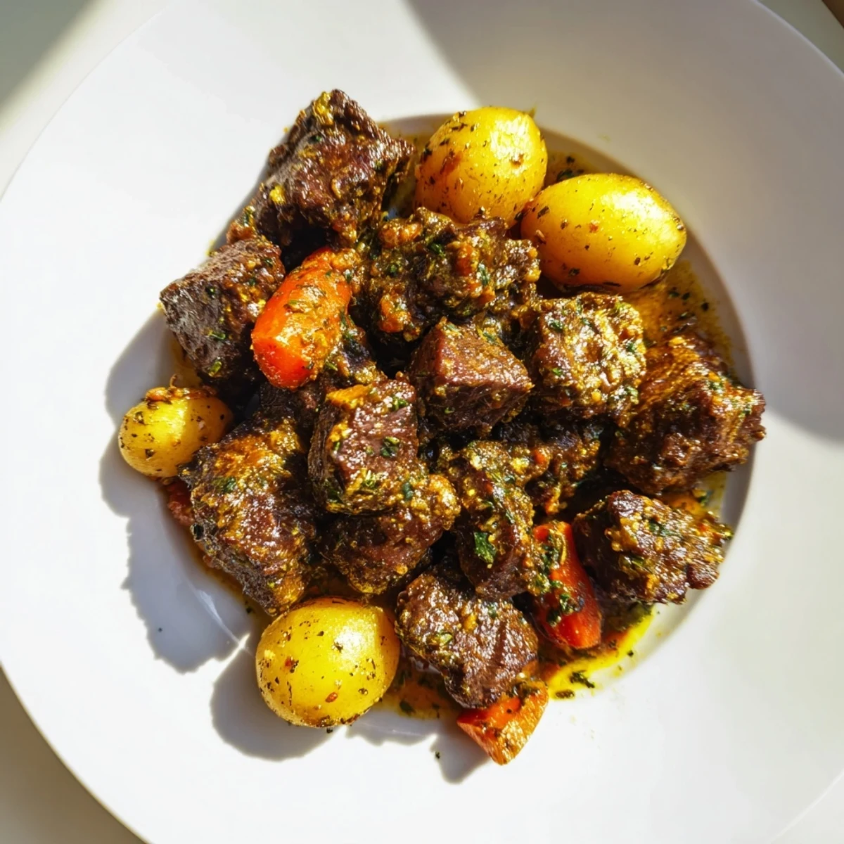 Slow Cooker Garlic Butter Beef with Potatoes features fork-tender beef cubes and golden baby potatoes in a rich, aromatic garlic butter sauce garnished with fresh parsley.