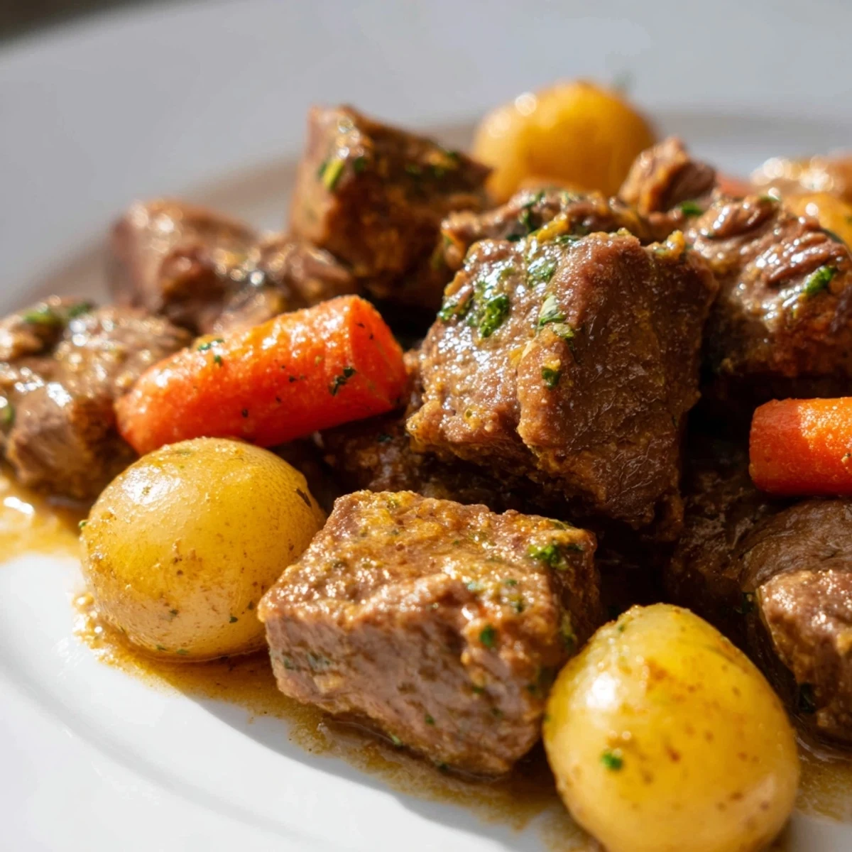 A comforting Slow Cooker Garlic Butter Beef with Potatoes served alongside crusty bread, perfect for soaking up the savory, herb-infused sauce for a hearty meal.