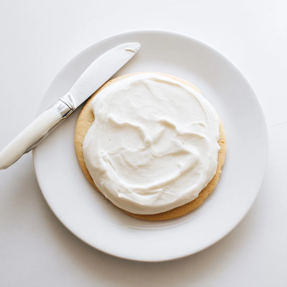 A glass bowl of Easy Sugar Cookie Frosting with a silicone spatula, ready for spreading on freshly baked cookies.