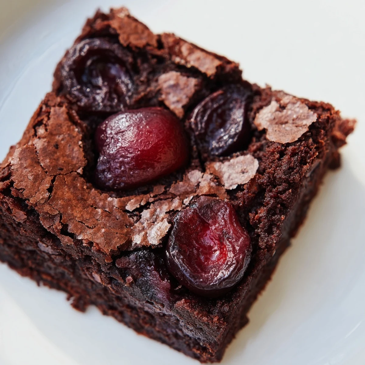 Fudgy Roasted Cherry Brownies with gooey cherries on a marble countertop.