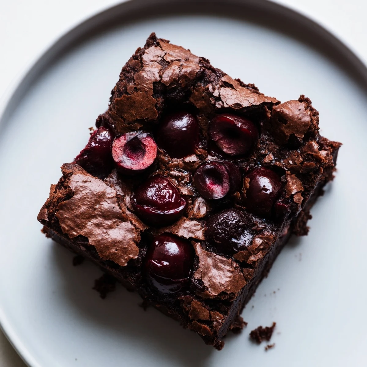 A close-up of Roasted Cherry Brownies topped with roasted cherries and ice cream.