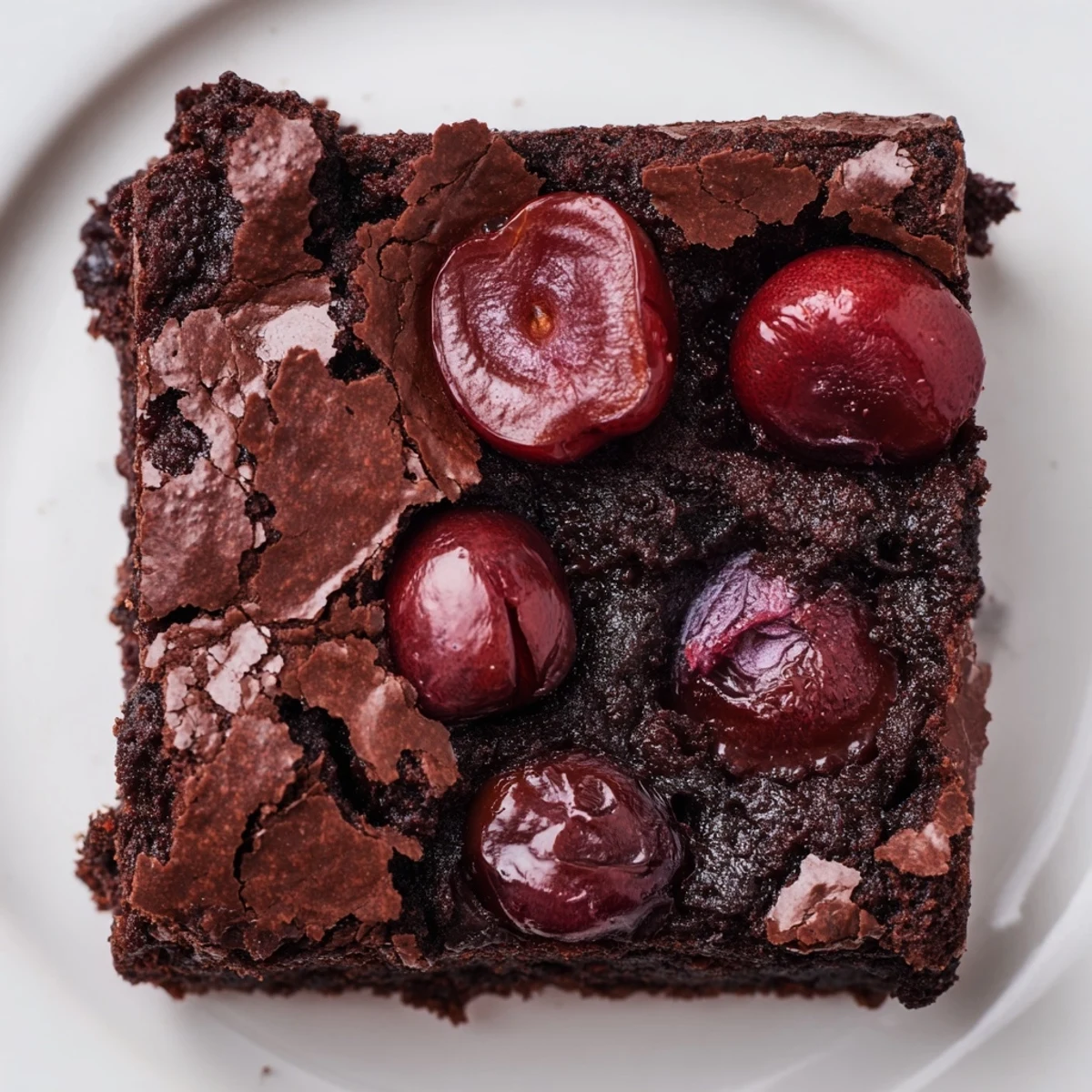 Warm Roasted Cherry Brownies served on a white plate with a fork.