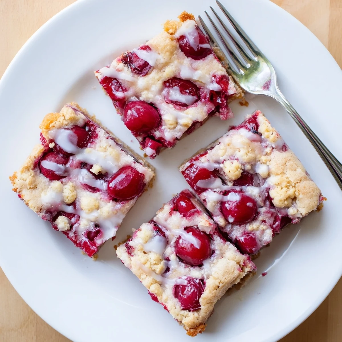 Close-up of Easy Cherry Pie Bars, where each square showcases a flaky buttery crust with sweet red cherries peeking from beneath a crumbly topping.