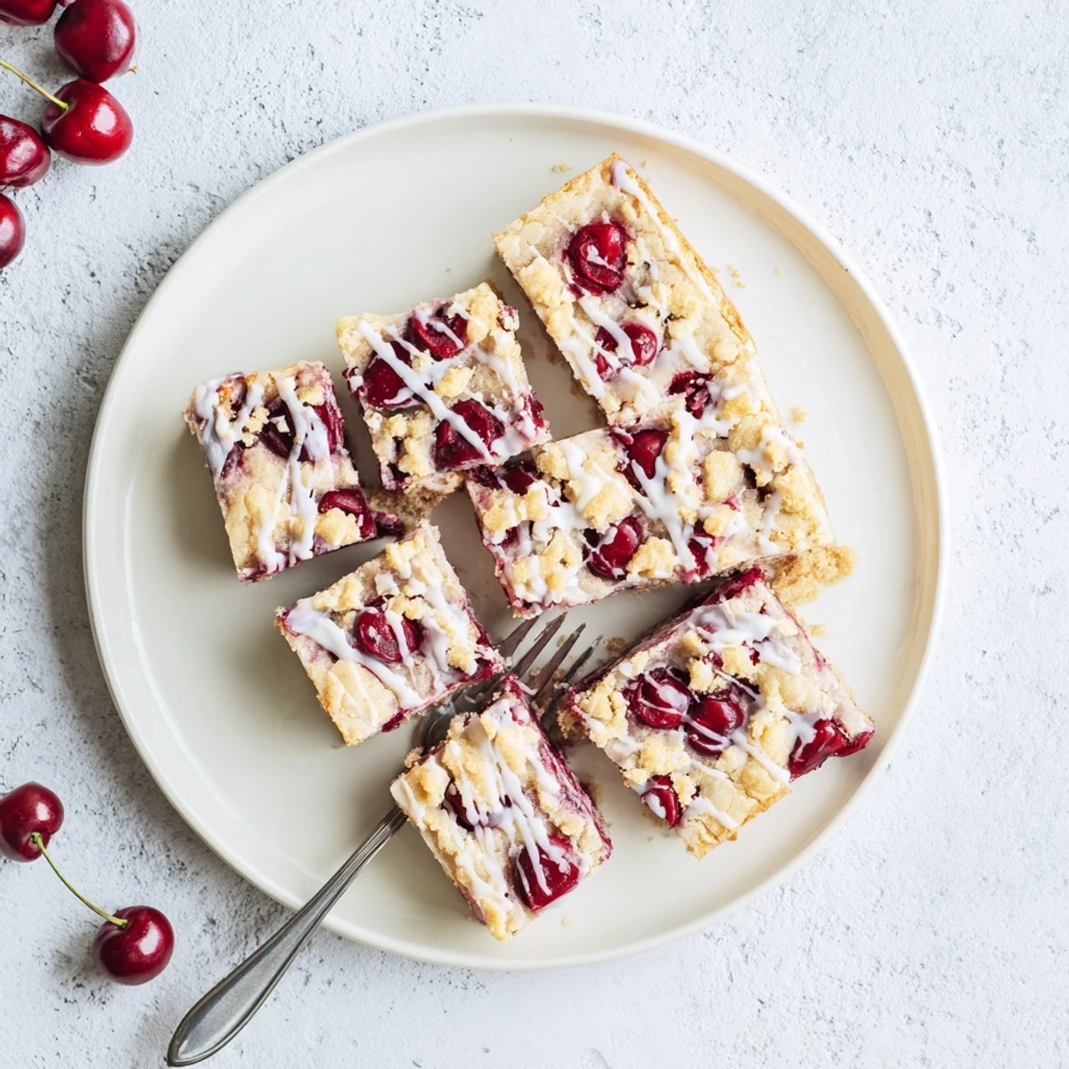 Golden-brown Easy Cherry Pie Bars with a glossy pink glaze are sliced on a marble board, revealing a tender crumb and bright cherry filling inside.