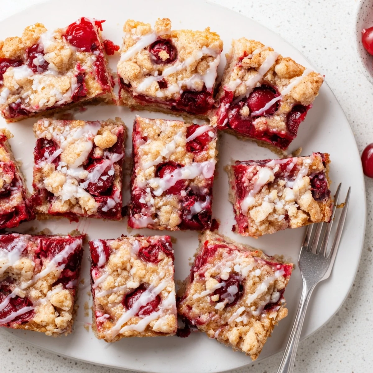A fresh-baked Easy Cherry Pie Bars tray sits beside a glass of milk, the dessert’s crumbly top and jammy filling perfect for any occasion.