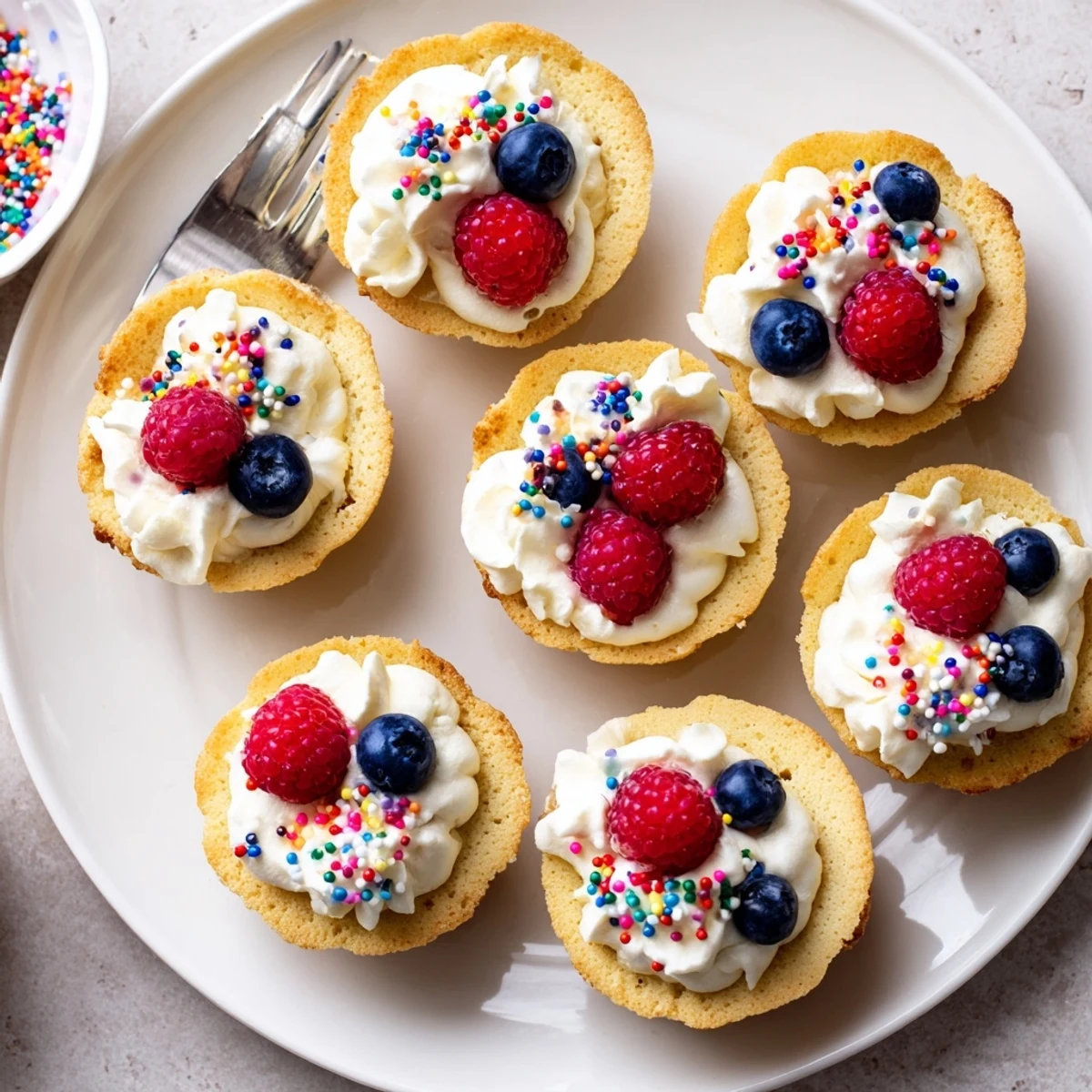 Golden-brown Sugar Cookie Cups filled with fluffy vanilla whipped cream and topped with fresh raspberries on a marble counter.