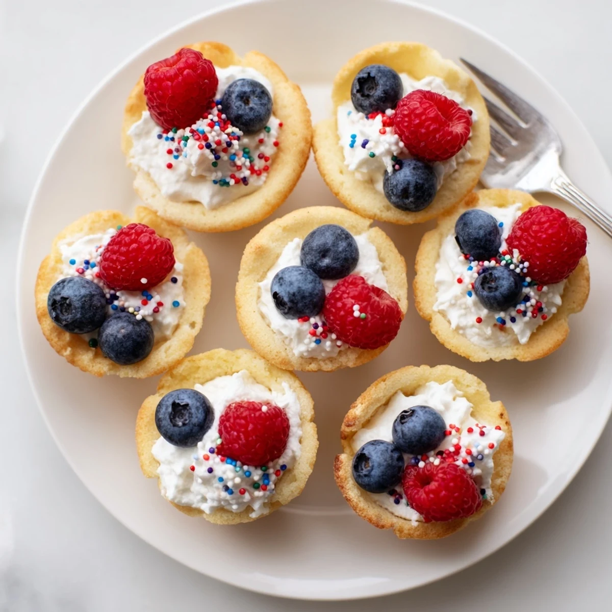 Close-up of homemade Sugar Cookie Cups with luscious vanilla cream, a drizzle of chocolate, and sliced strawberries.