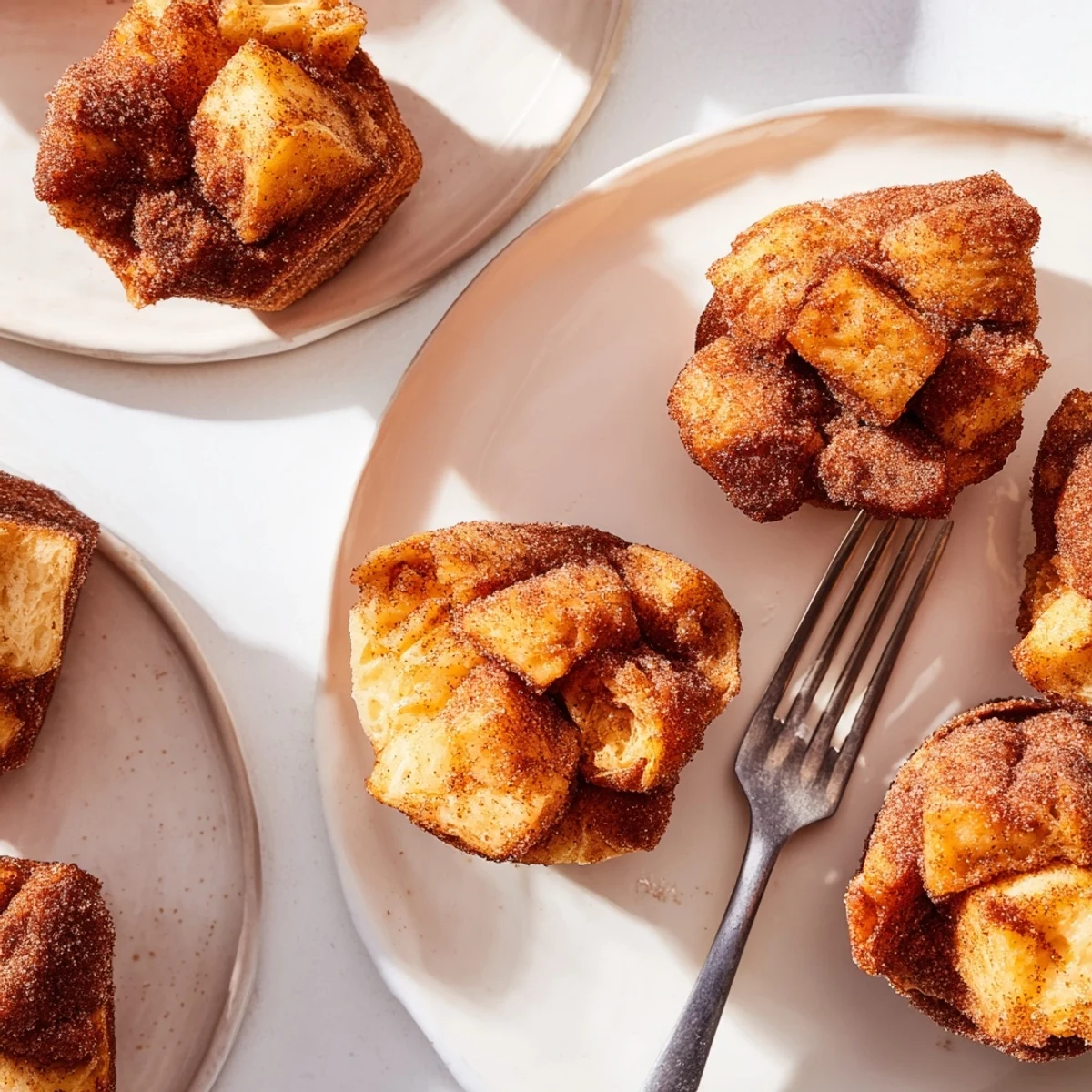 Warm Cinnamon Sugar French Toast Muffins are arranged on a white plate next to fresh berries and maple syrup, perfect for a weekend brunch.