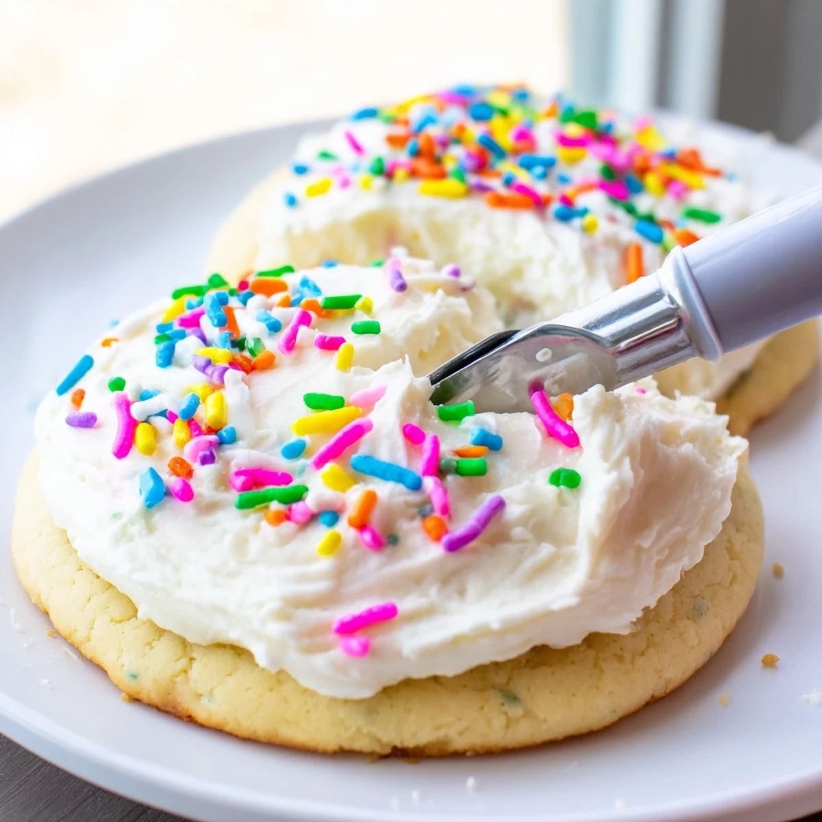 A close-up view shows Soft Sour Cream Sugar Cookies With Cream Cheese Frosting swirled with creamy white frosting and colorful sprinkles.