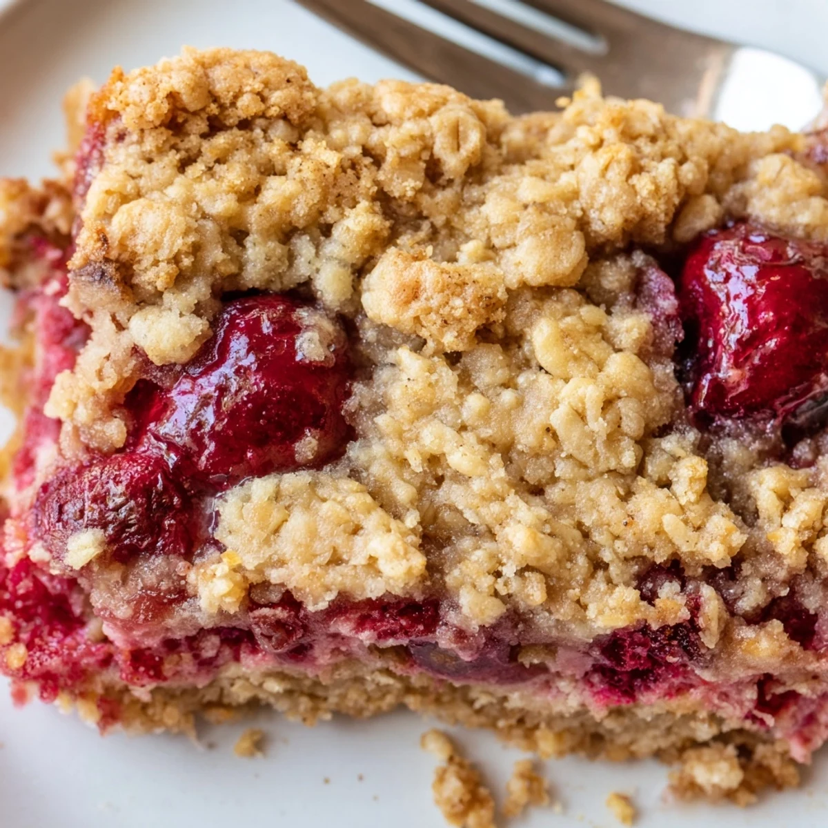 Warm Easy Tasty Cherry Crumble Bars cooling on a wire rack, with juicy red cherries bubbling through a golden oat topping.