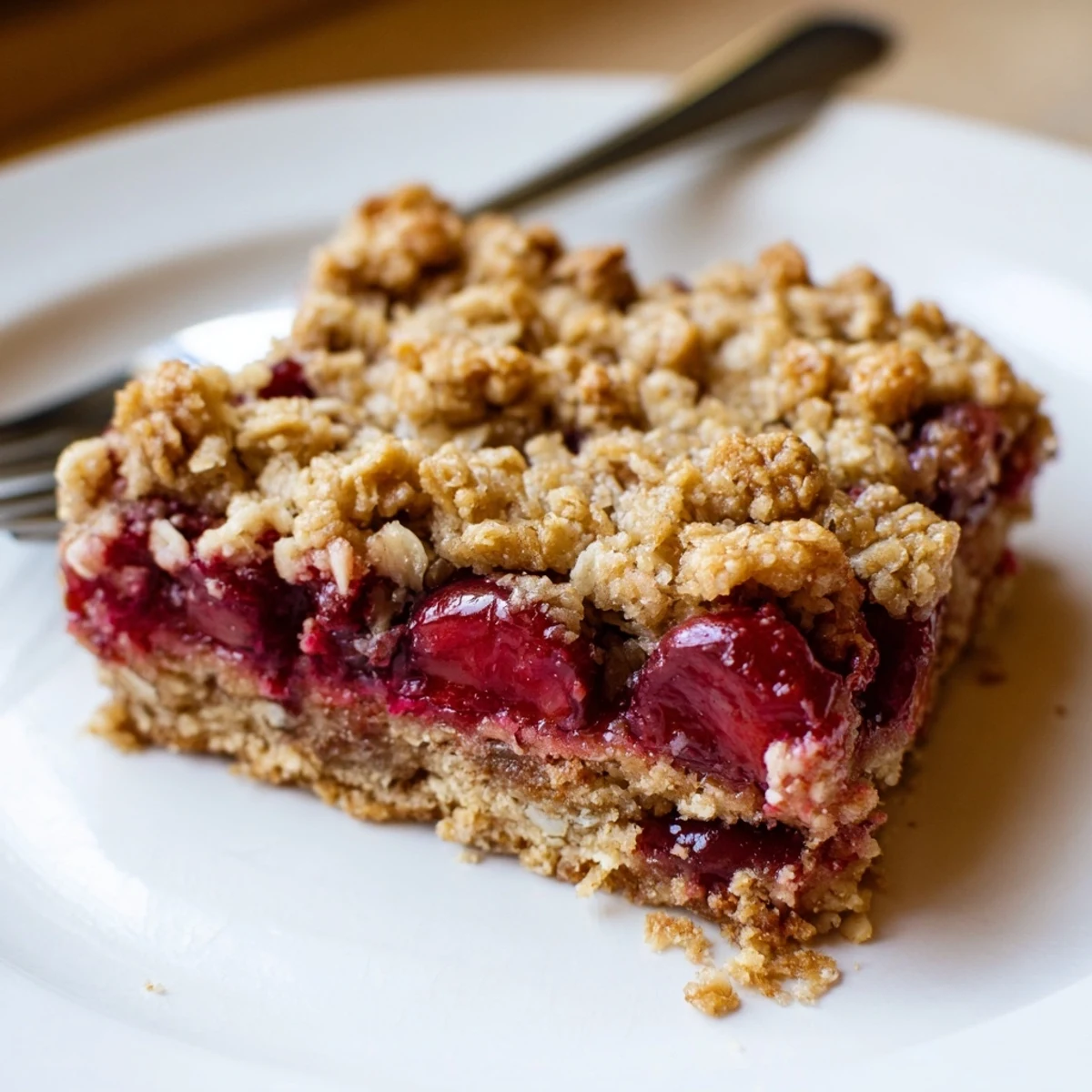 Fresh Easy Tasty Cherry Crumble Bars arranged on a wooden board, paired with a scoop of melting vanilla ice cream.