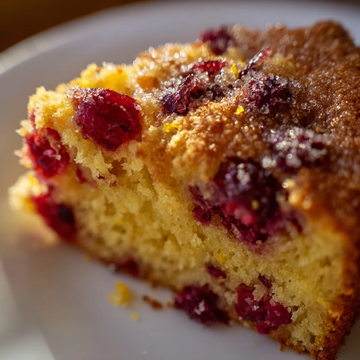 Freshly baked Cranberry Cake on a rustic wooden table, showcasing its golden crust and ruby-red cranberry bursts, served warm with a dollop of whipped cream.