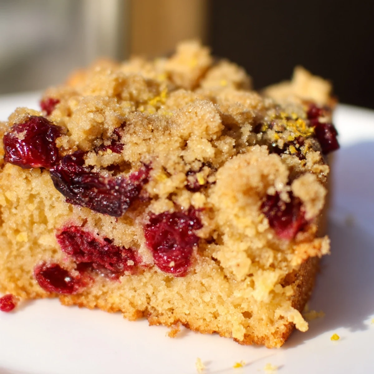Slice of moist Cranberry Cake on a white plate with a fork, revealing tender crumb and tart cranberry pockets, perfect for a holiday dessert platter.
